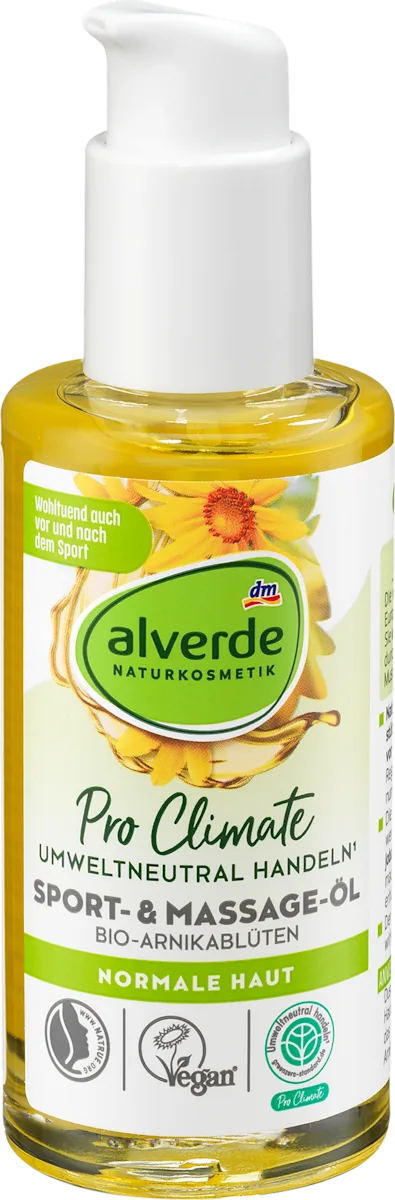 Alverde sports and massage oil bottle with label on a white background