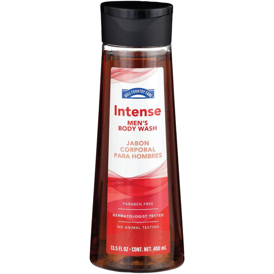 Men's body wash bottle with a black cap on a white background