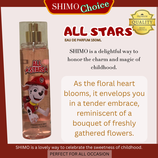 Shimo All Stars perfume bottle with promotional text on a white background