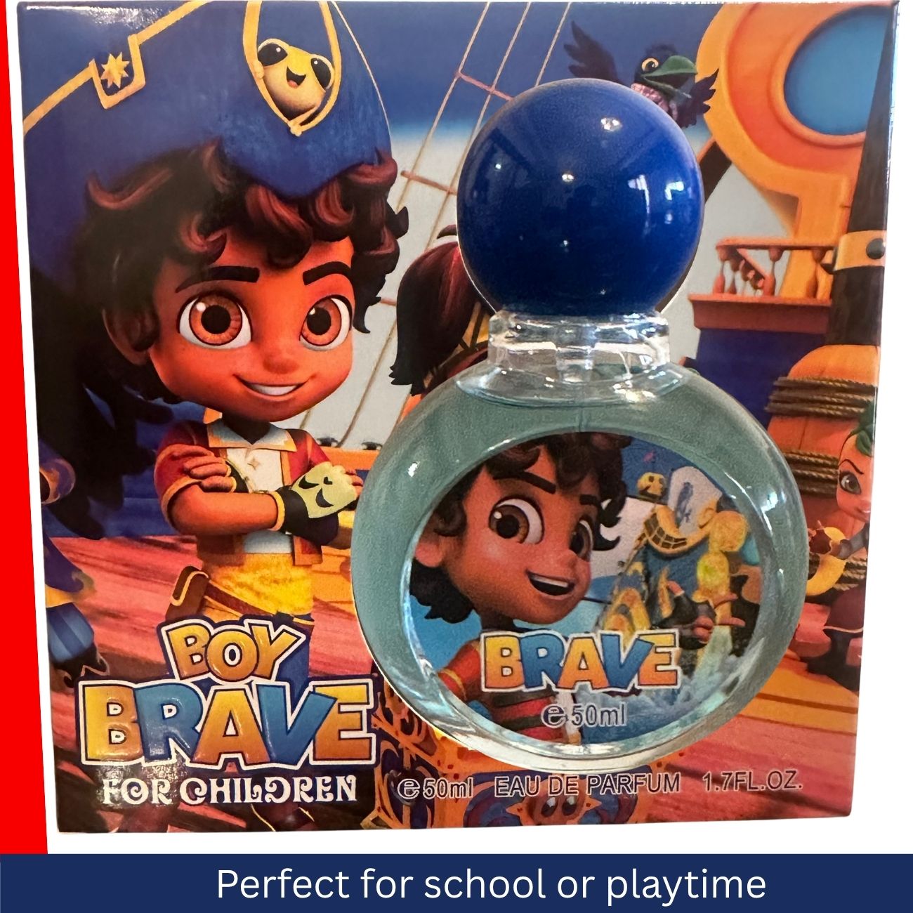 Perfume bottle with 'Brave' branding and character illustration on a colorful background