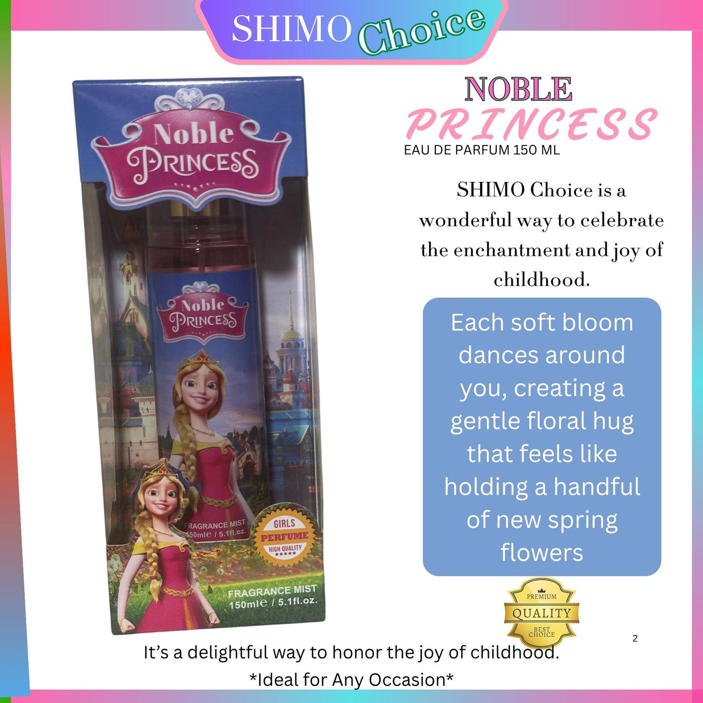 Noble Princess perfume packaging with promotional text on a colorful background