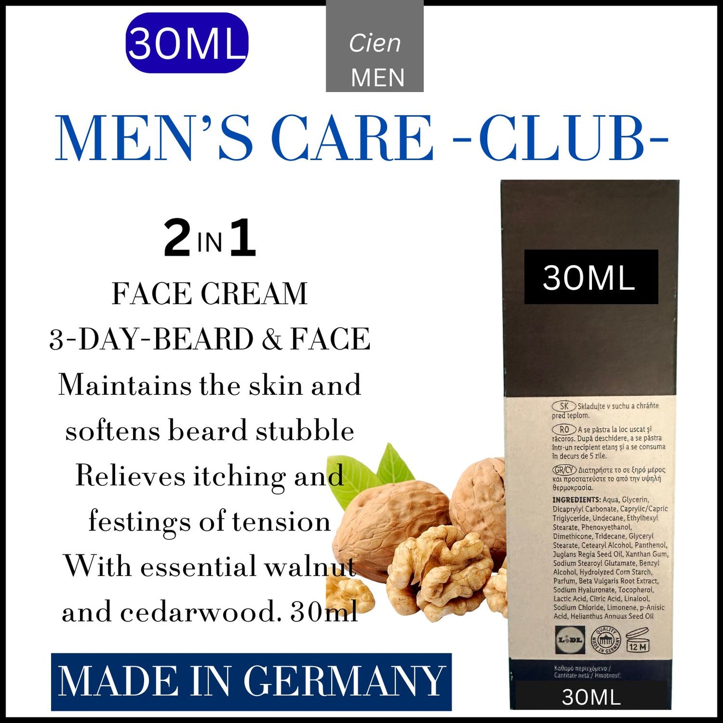 Men's Care Club - 2in1 Face and Beard Cream -30ML- GERMANY.