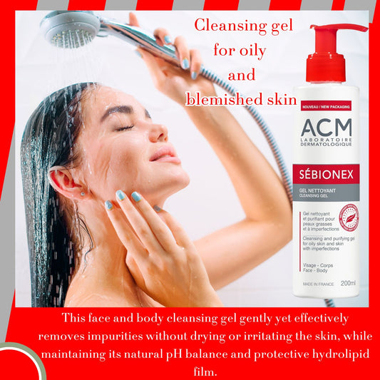 Advertisement for ACM Sébionex cleansing gel with a woman washing her face, featuring product packaging and text.
