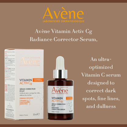 Avené Vitamin Activ Cg Radiance Corrector Serum with packaging on a brown background