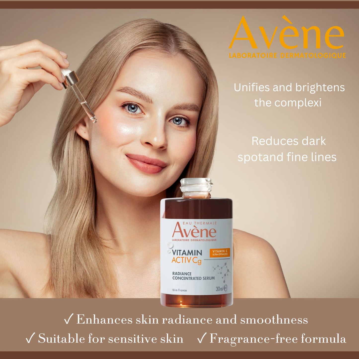 Avene Vitamin C serum with a woman applying it to her face on a beige background