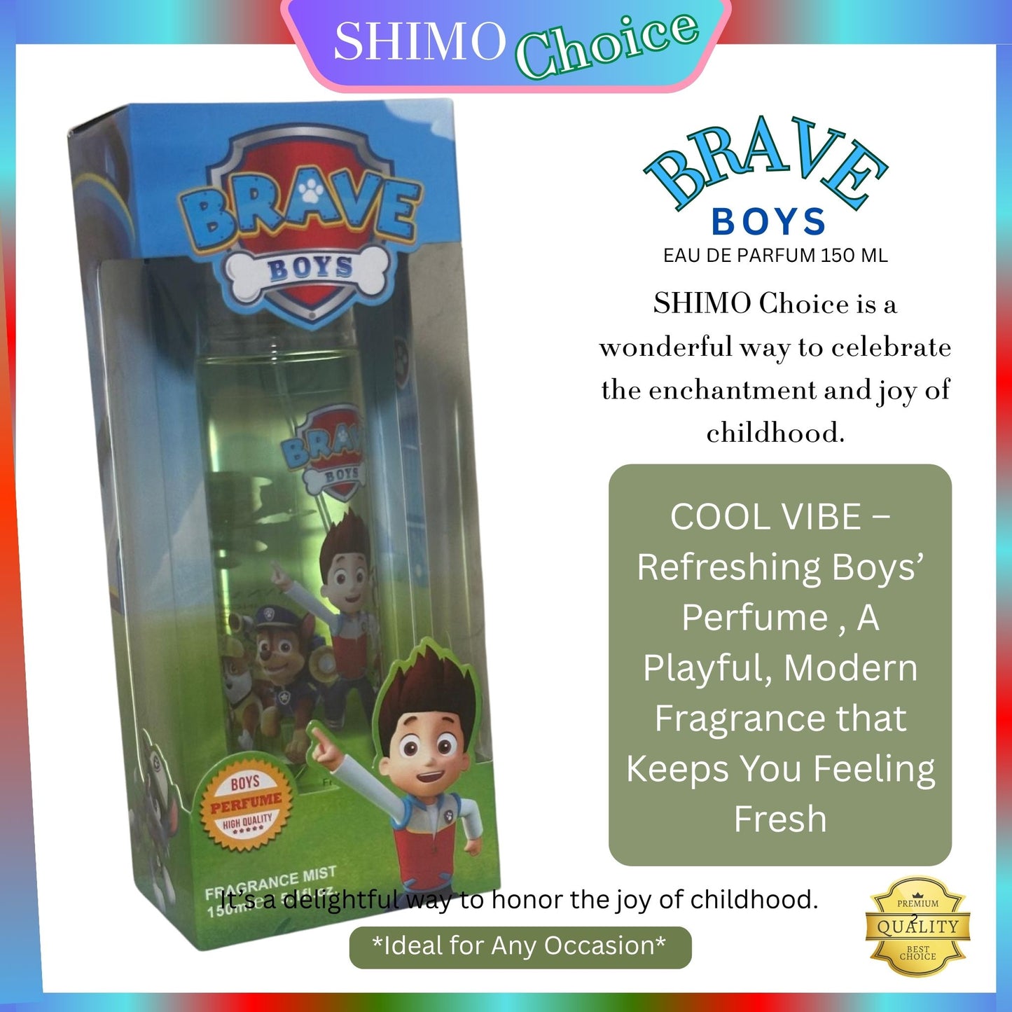 Brave Boys perfume packaging with branding and product details on a colorful background