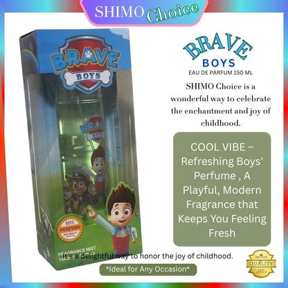 Brave Boys perfume packaging with branding and product details on a colorful background