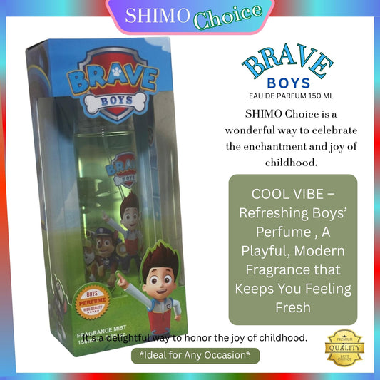 Brave Boys perfume packaging with branding and product details on a colorful background