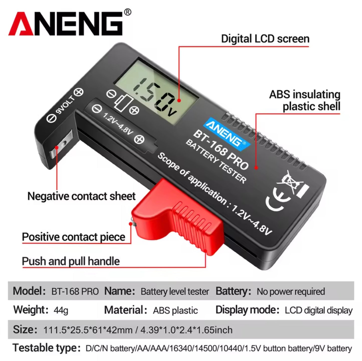 shimo/Aneng BT-168 Pro battery tester with digital LCD screen and labeled parts on a white background