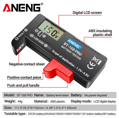 shimo/Aneng BT-168 Pro battery tester with digital LCD screen and labeled parts on a white background