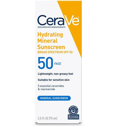 CeraVe Hydrating Mineral Sunscreen SPF 50 packaging on a white background
