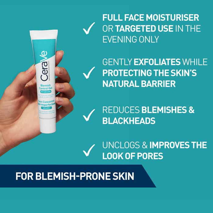 CeraVe facial moisturizer tube held by a hand with product benefits text on a blue background