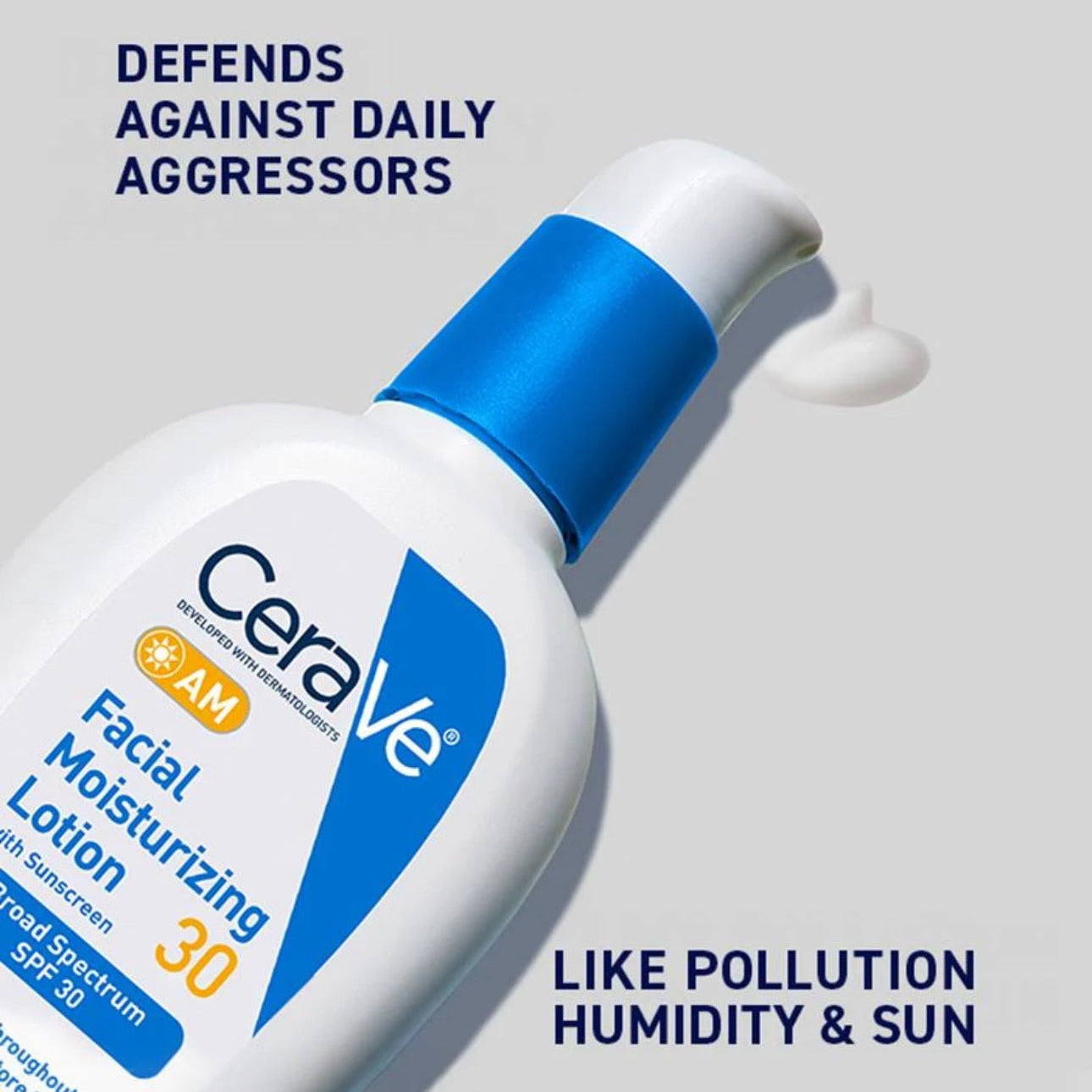 CeraVe facial moisturizing lotion bottle with text on a gray background