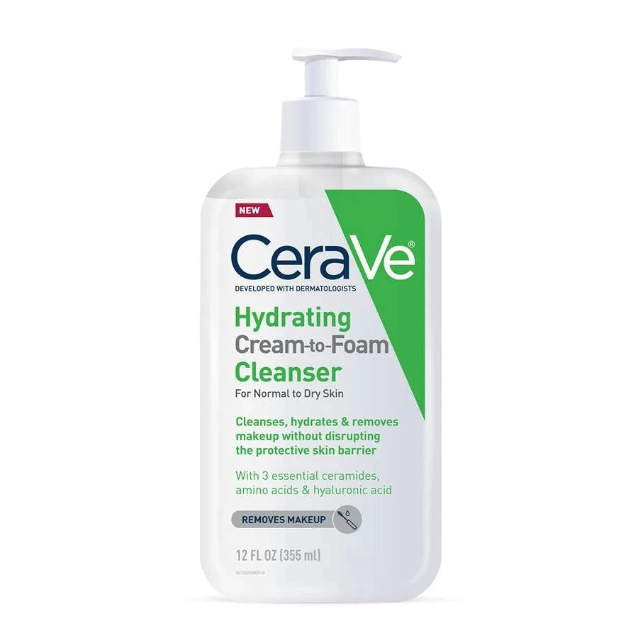 CeraVe hydrating cream-to-foam cleanser bottle on a white background