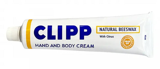 Tube of CLIPP natural beeswax hand and body cream on a white background
