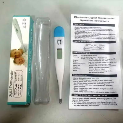 Digital thermometer with packaging and operation instructions on a gray background