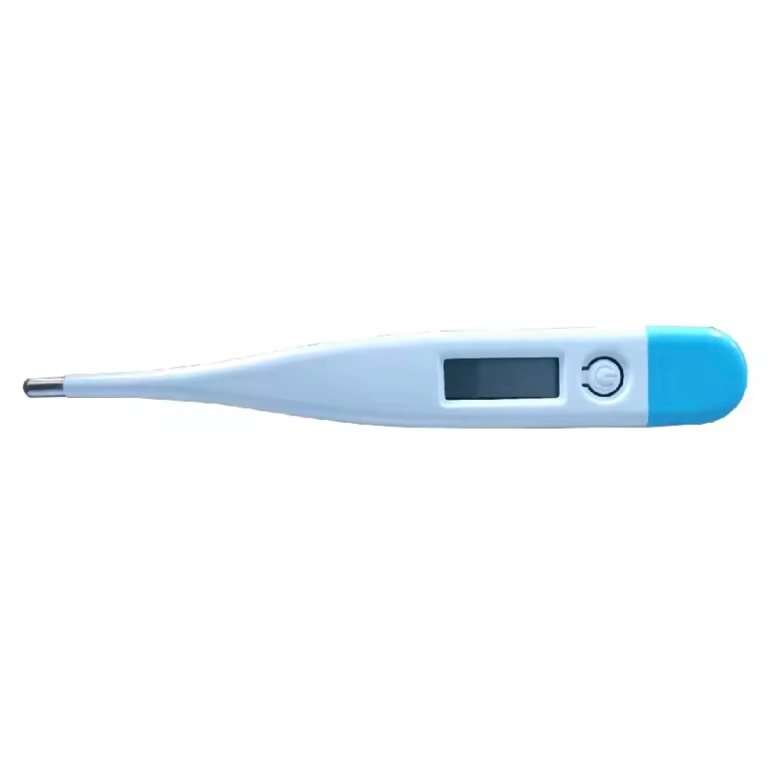 Digital thermometer with blue and white design on a white background