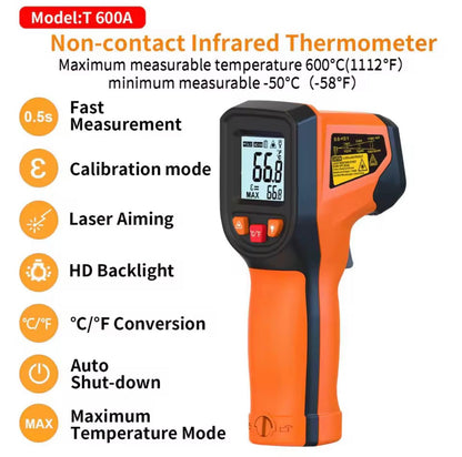 Non-contact infrared thermometer with features listed on a white background