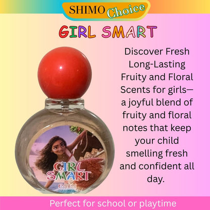 Perfume bottle labeled 'Girl Smart' with a colorful background and promotional text  'Shimo Choice'.