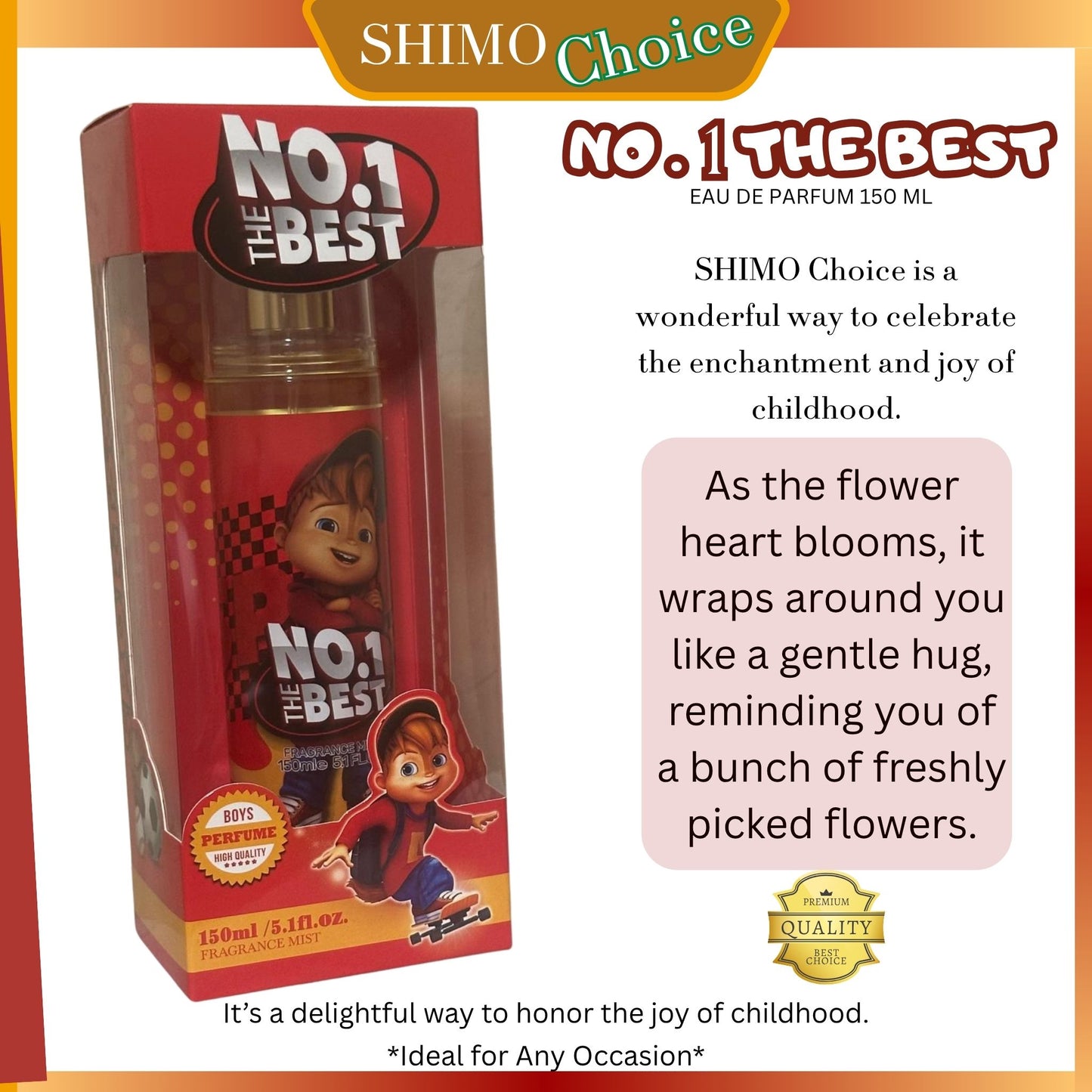 Shimo Choice perfume packaging with text on a white background