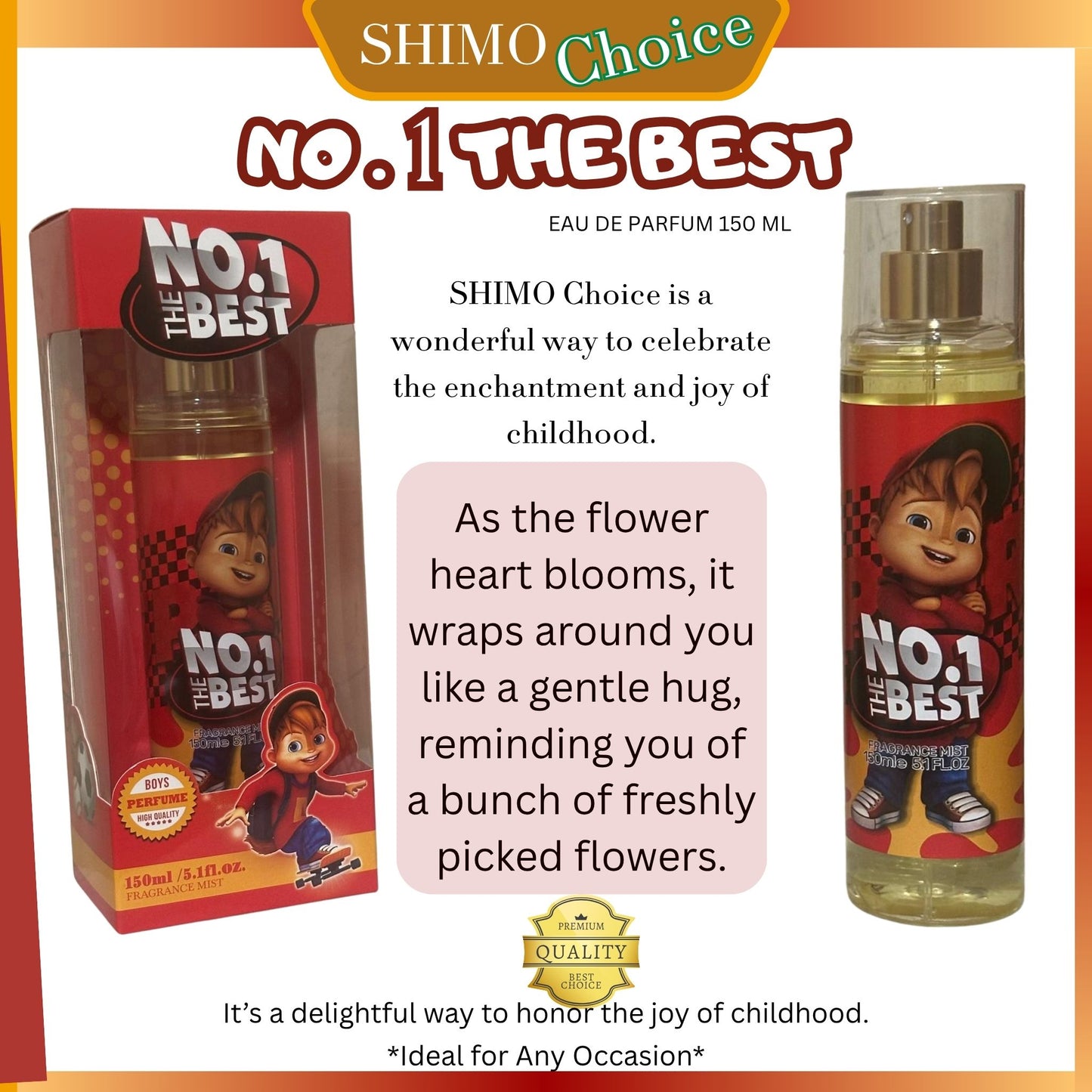 Shimo Choice No. 1 The Best perfume packaging with product and text on an orange background