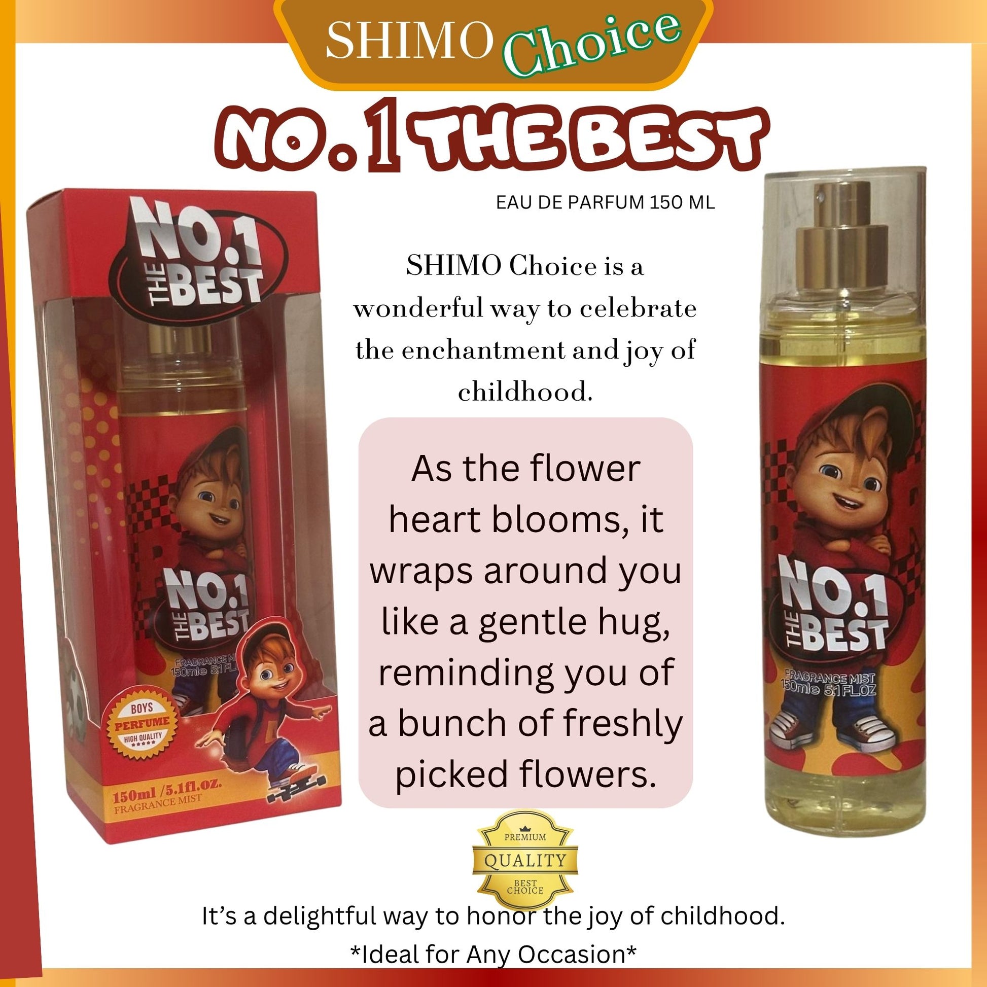 Shimo Choice No. 1 The Best perfume packaging with product and text on an orange background