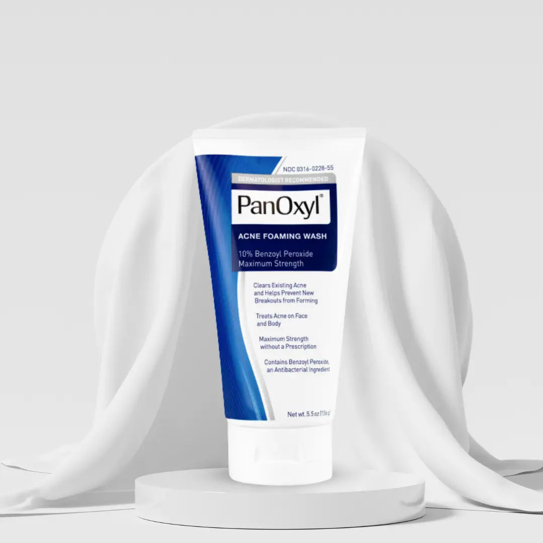 PanOxyl acne foaming wash tube on a white background