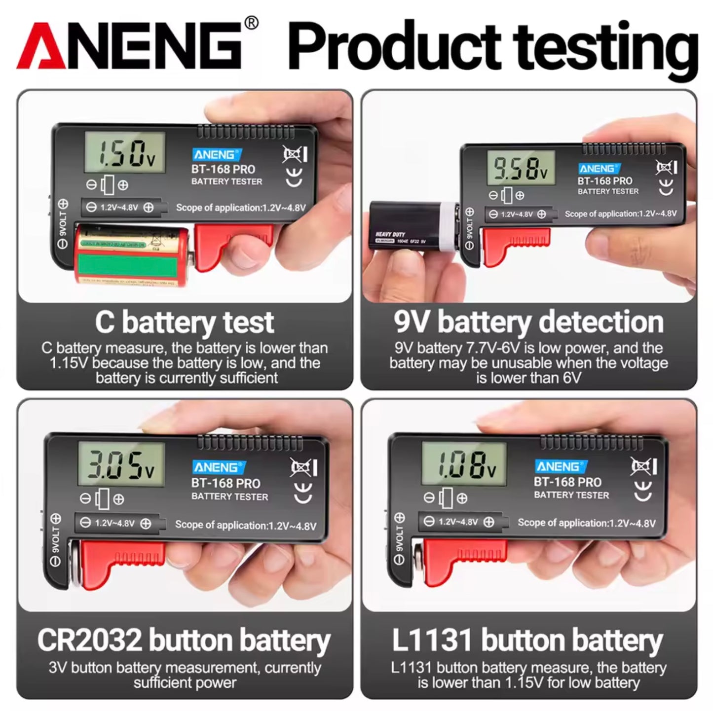 shimo/ANENG battery tester being used to measure different types of batteries with digital display.