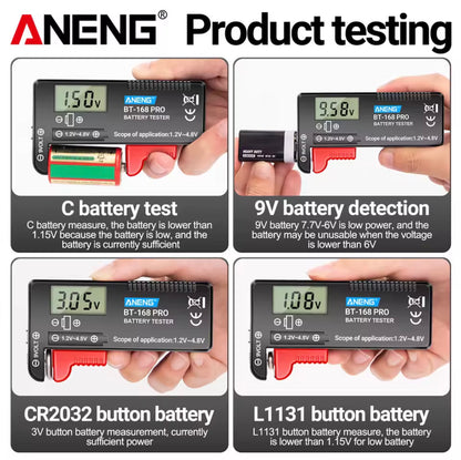 shimo/ANENG battery tester being used to measure different types of batteries with digital display.