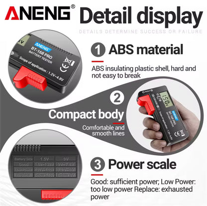 ANENG battery tester with features highlighted on a white background
