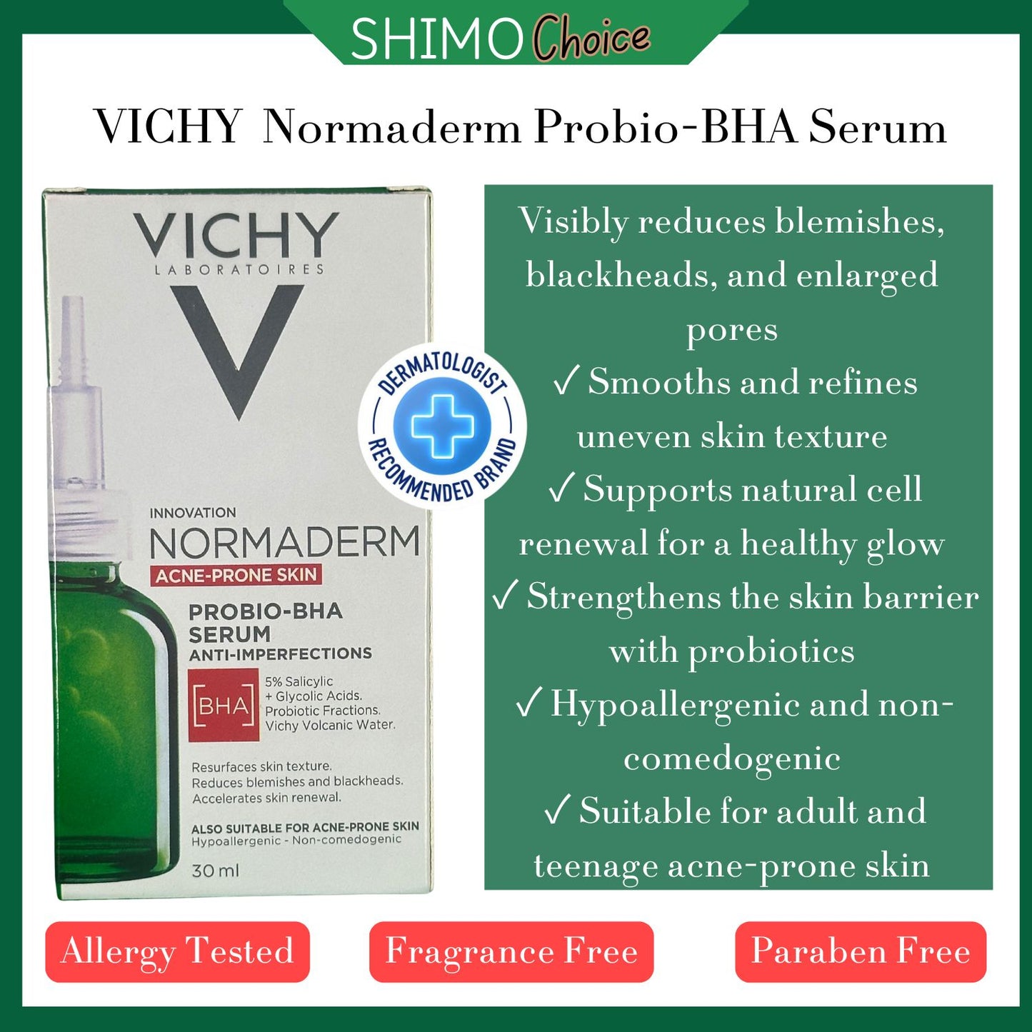 Vichy Normaderm Probio-BHA Serum 30 ml – 5% Salicylic + Glycolic Acid with Probiotic Fractions for Acne-Prone Skin