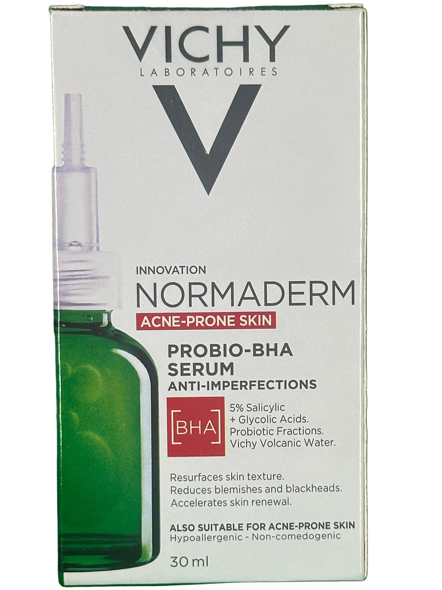 Vichy Normaderm ProBio-BHA Serum packaging on a green background