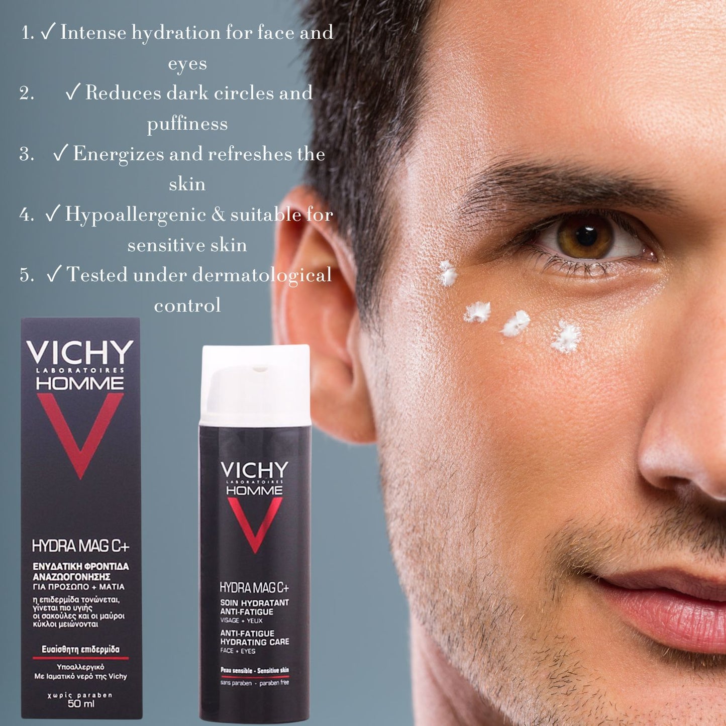 Vichy Homme Hydra Mag C+ Anti-Fatigue Moisturizing Care for Face & Eyes – 50ml