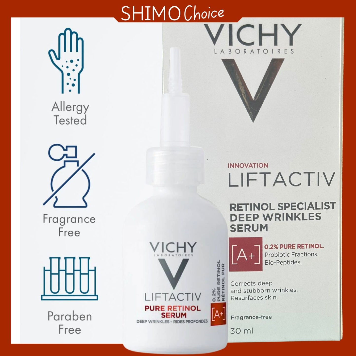 Vichy Liftactiv serum with branding and product details on a white background