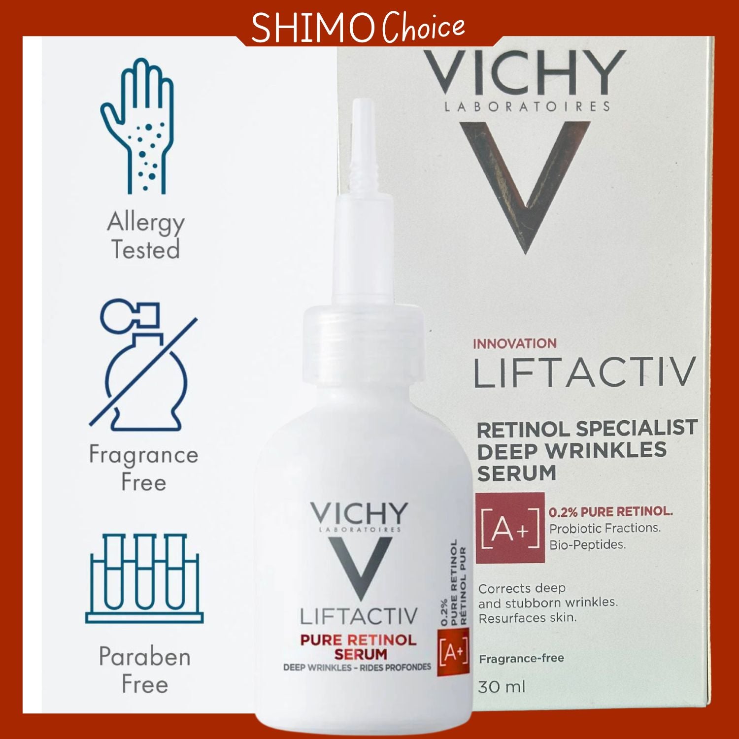 Vichy Liftactiv serum with branding and product details on a white background