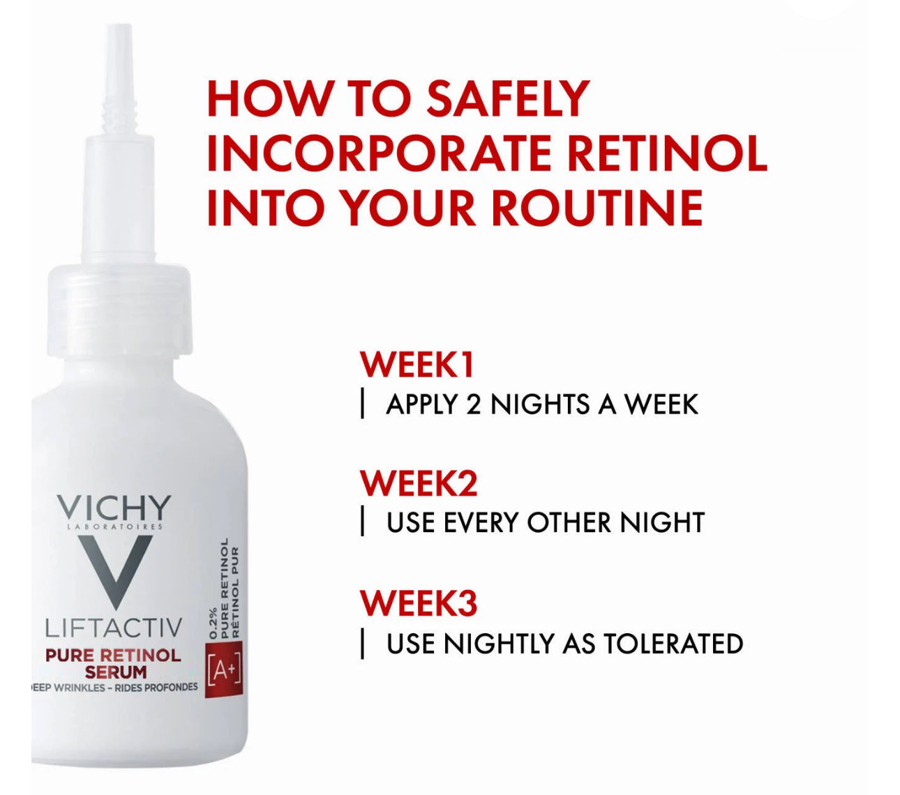 Vichy LiftActiv Pure Retinol serum with usage instructions on a white background