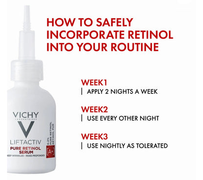 Vichy LiftActiv Pure Retinol serum with usage instructions on a white background