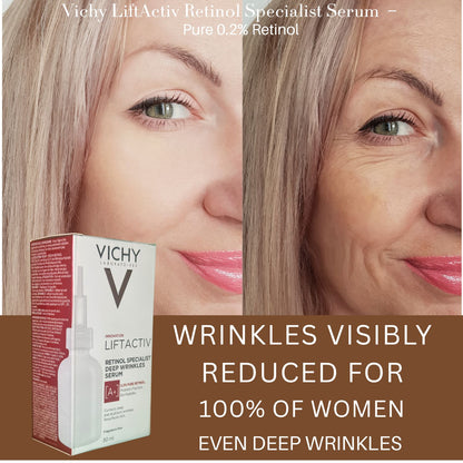 Vichy LiftActiv Retinol Specialist Serum packaging with before and after effects on a woman's face.