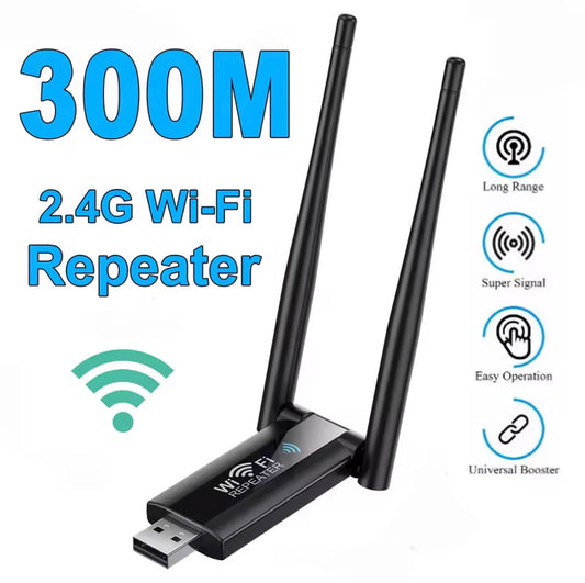 SHIMO/USB Wi-Fi repeater with antennas on a white background, featuring text and icons.