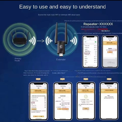 Wireless router extender with smartphone screenshots on a blue background