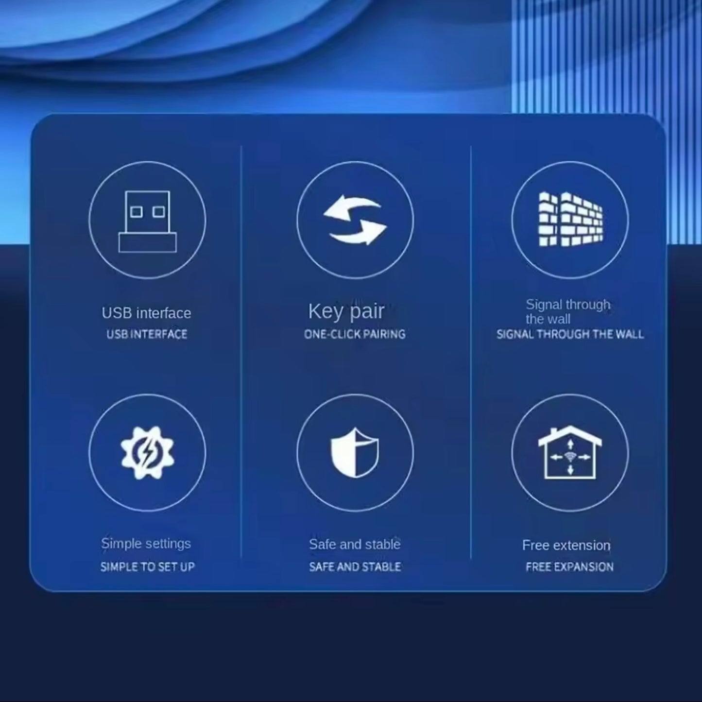 Blue background with white icons and text describing features of a product.