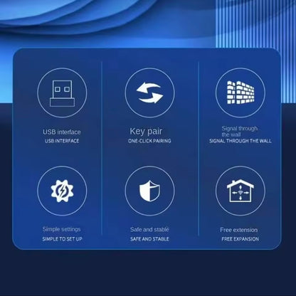 Blue background with white icons and text describing features of a product.