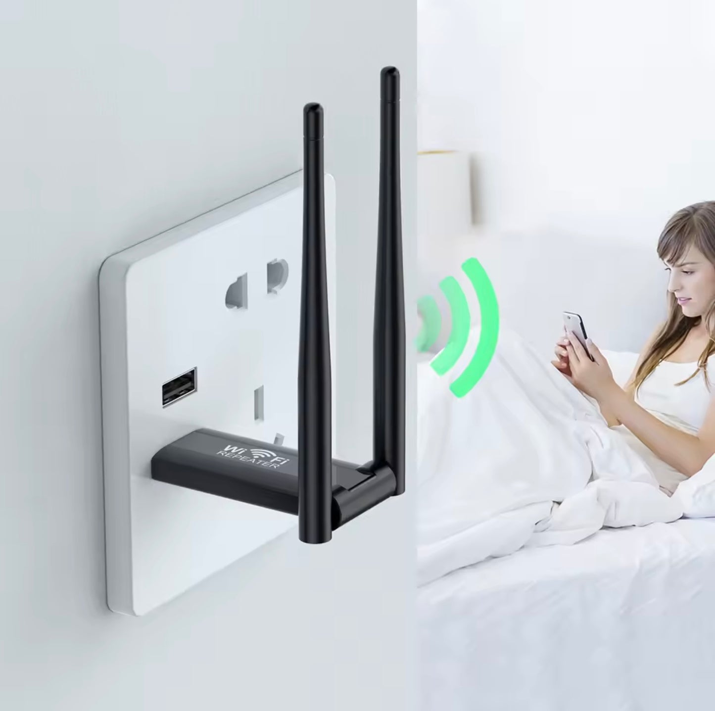 Wireless router with antennas attached to a wall socket, with a person using a smartphone in the background.