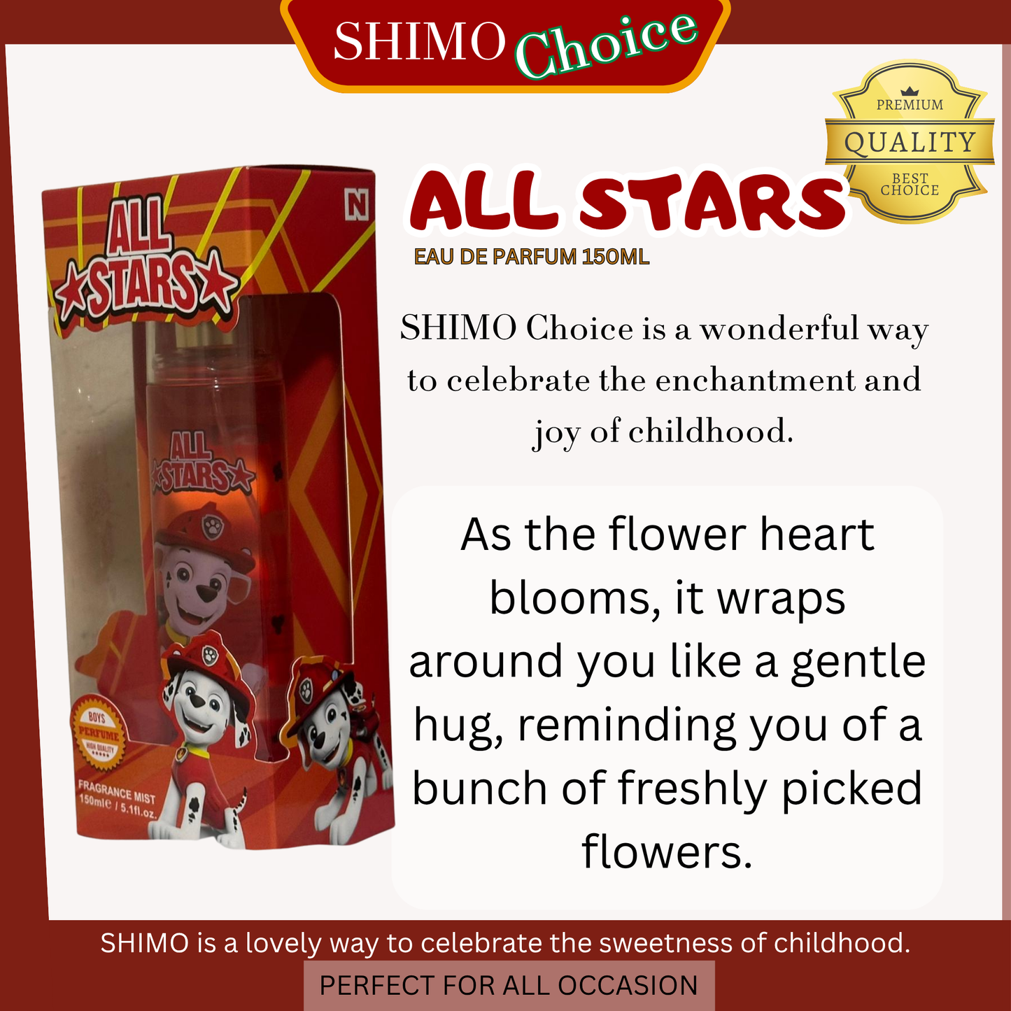 All Stars perfume packaging with SHIMO Choice branding and product description.