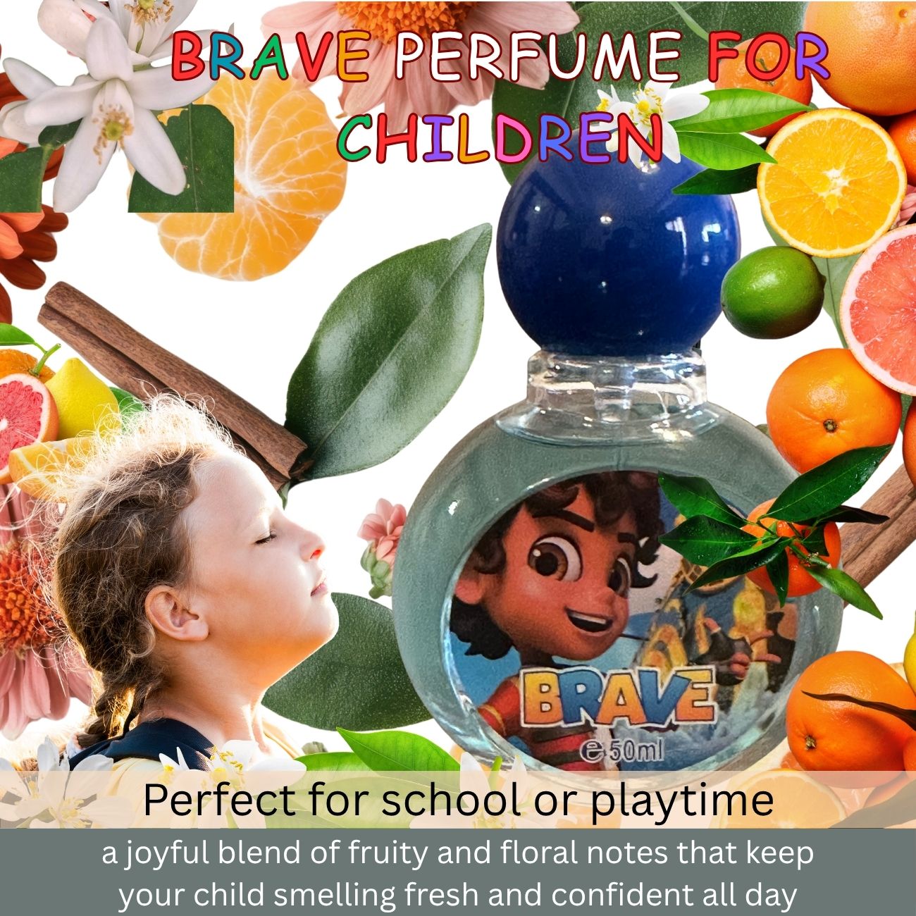 Perfume bottle with cartoon character surrounded by fruits and flowers, labeled 'Brave Perfume for Children'.