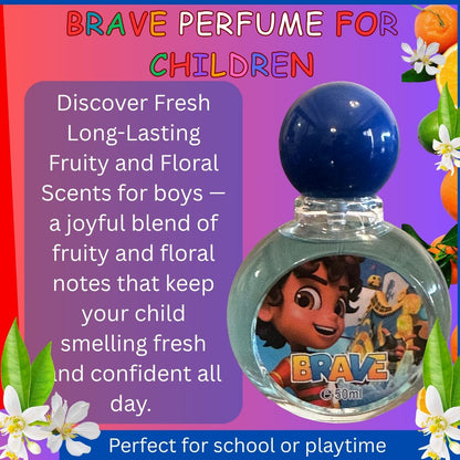 Brave perfume for children with colorful text and floral decorations