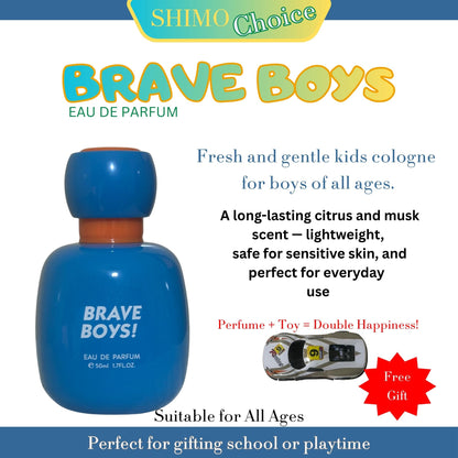 Blue bottle of 'Brave Boys' cologne with product description text on a white background. shimo.online
