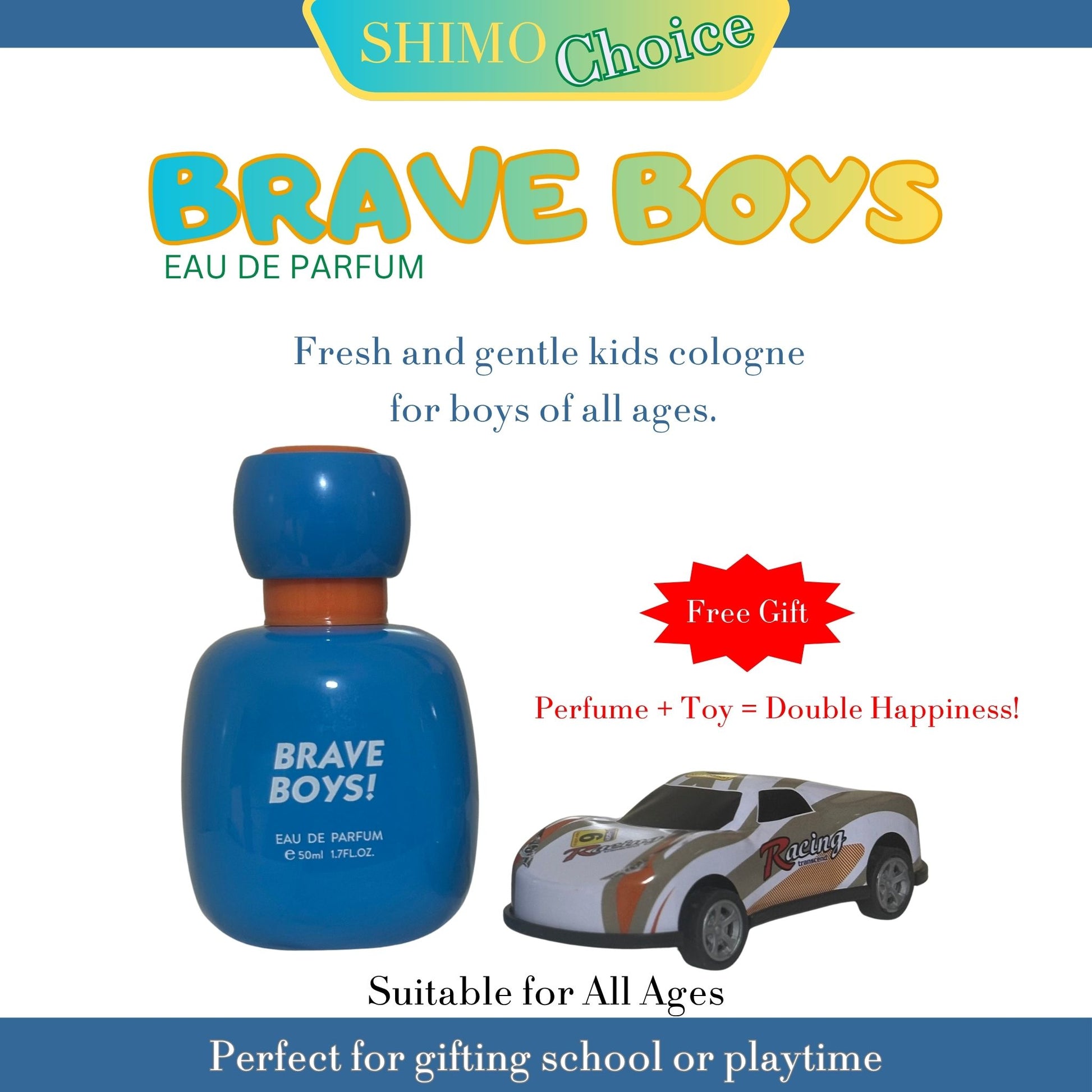 Brave Boys perfume bottle with toy car and promotional text on a white background. shimo.online