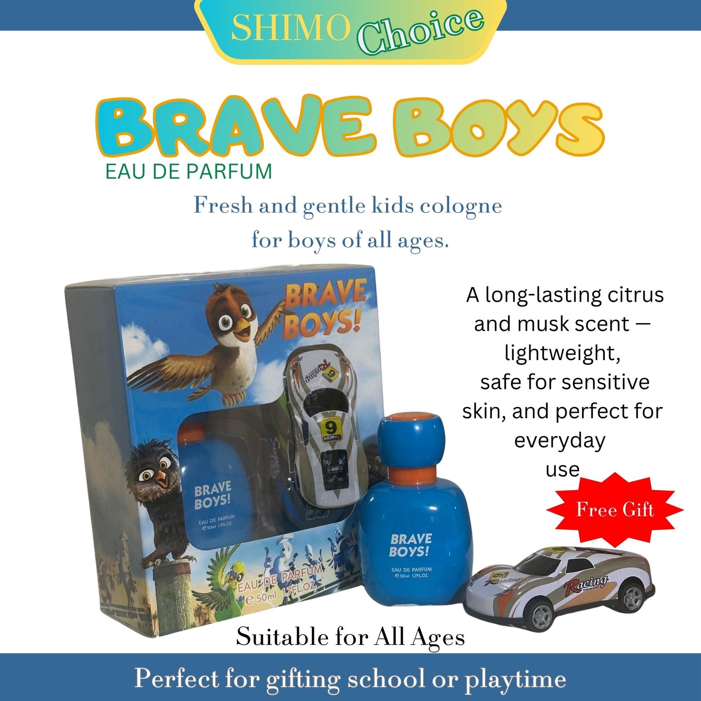 Brave Boys cologne set with packaging, bottle, and toy car on a white background. shimo.online