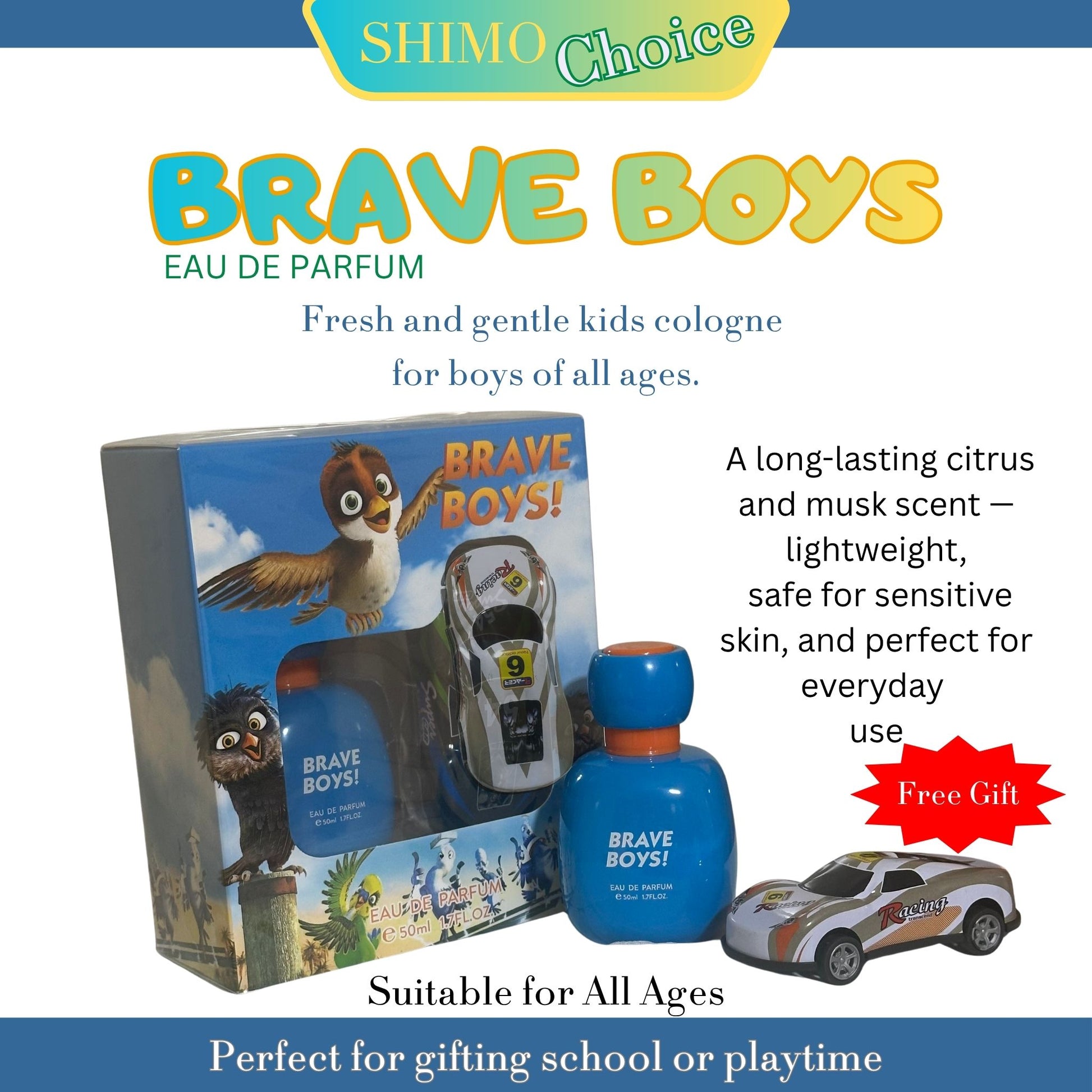 Brave Boys cologne set with packaging, bottle, and toy car on a white background. shimo.online